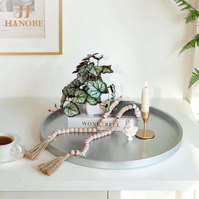 Hanobe Decorative Coffee Table Tray: Silver Wood Tray Round Rustic Wooden Trays Circle Farmhouse Centerpiece Candle Holder for Home Decor Ottoman Counter Display Living Room Organizer 18"