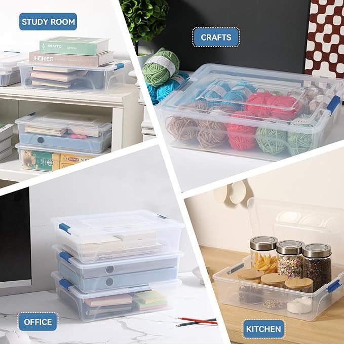 novelinks Clear Plastic Storage Bins with lids, Stackable Storage Containers, Durable Craft Storage Boxes, Organization Containers for Home Office (10 Quart 4 Pack Blue)