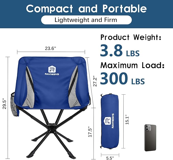 Raynesys 2 Pack Portable Camping Chair, Flexible 360° Rotation, 8 Seconds Quick Setup Folding Camping Chair, 3.8Lb Lightweight Travel Chairs for Easy Carry to Hiking, Sporting, Beach, Blue