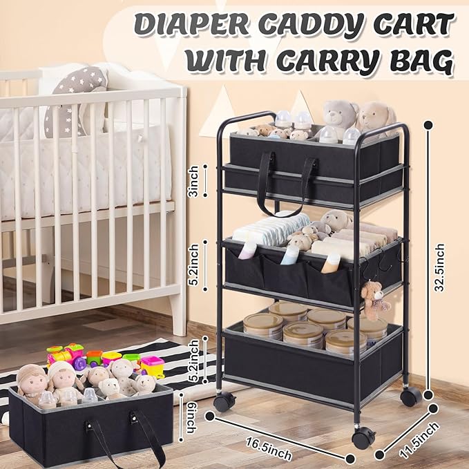 Honeydak 2in1 Baby Diaper Caddy Organizer Cart 3 Tier Large Capacity Metal Utility Bedside Rolling Cart with Divider Newborn Registry Nursery Essential Must Have Crib Bedroom Baby Shower(Black)