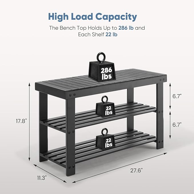 NEWBULIG Shoe Rack Bench, 3-Tier Bamboo Shoe Organizer, Wooden Entryway Storage Bench, 286 lb Load Capacity, 11.2x27.6x17.9 Inches, for Entryway Bathroom Bedroom Balcony, Black