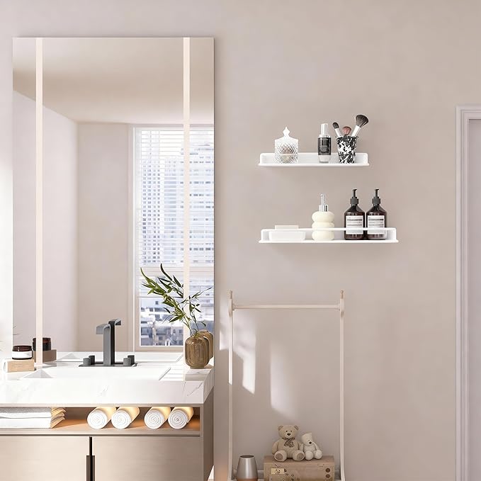 RFOUO 16Inch Metal Wall Shelf, Metal Floating Shelf, Black Floating Shelf, Small Shelf for Wall, Display Shelves for Bathroom Bedroom Kitchen (White, 16Inch)