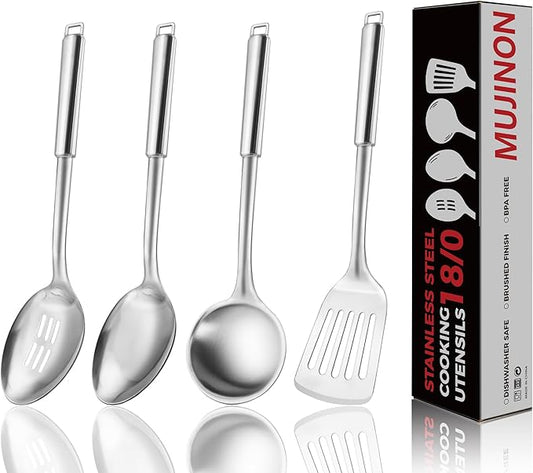18/0 Stainless Steel Kitchen Cooking Utensil Set, Ergonomic Handle, Dishwasher Safe, Slotted Spoon, Ladle, Turner, Serving Spoon for Housewarming Daily Use Commercial, Pack of 4