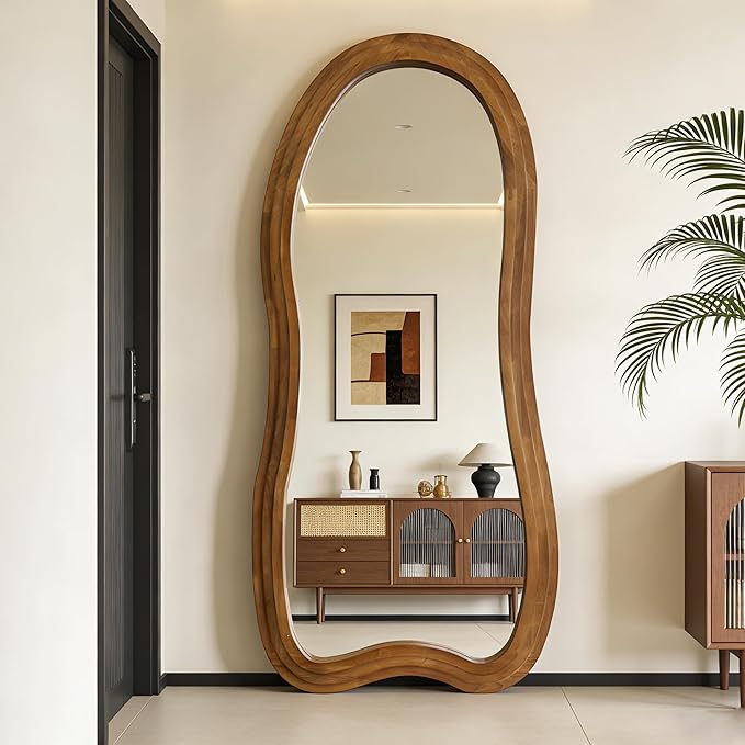 Large Irregular Floor Mirror, 67"x31.5" Organic Shaped Mirrors with Triple-Layer Solid Wood Frame, Asymmetrical Full Length Mirror for Entryway Living Room Bedroom Hallway, Leaning/Hanging