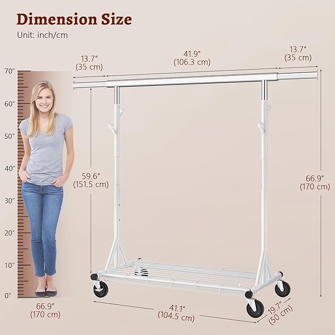 FAVOOSTY Heavy Duty Clothes Rack for Hanging Clothes, Rolling & Extending Clothing Rack with Wheels, Garment Coat Rack Freestanding, Portable Clothes Rack, White