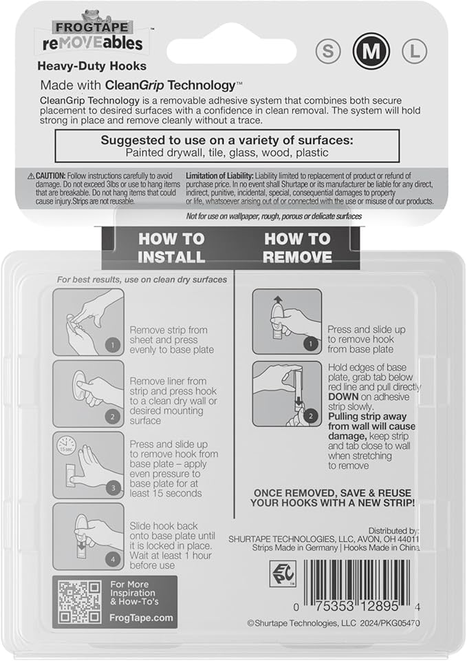 FrogTape reMOVEables Heavy Duty Wall Hooks - 8 Hooks and 12 Strips - Holds up to 3 lbs - No Damage - Easy to Remove & Reuse - Medium Wall Hook with Adhesive Strips - White (Pack of 8)