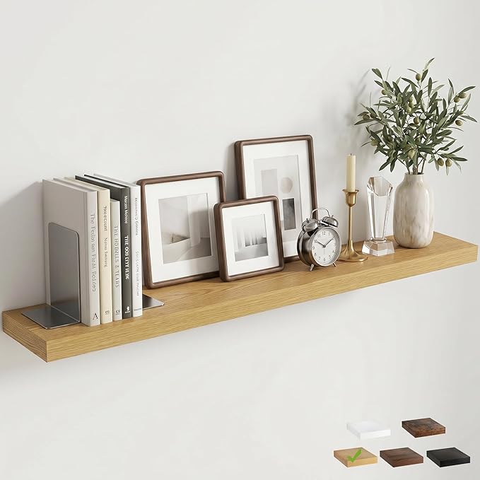 Venusmiles Floating Shelves for Wall, 48 Inch Floating Shelves Set of 1, 6.5" D Wooden Wall Mounted Display Shelves with Invisible Brackets for Living Room, Bedroom, Bathroom, Kitchen Decor, Oak