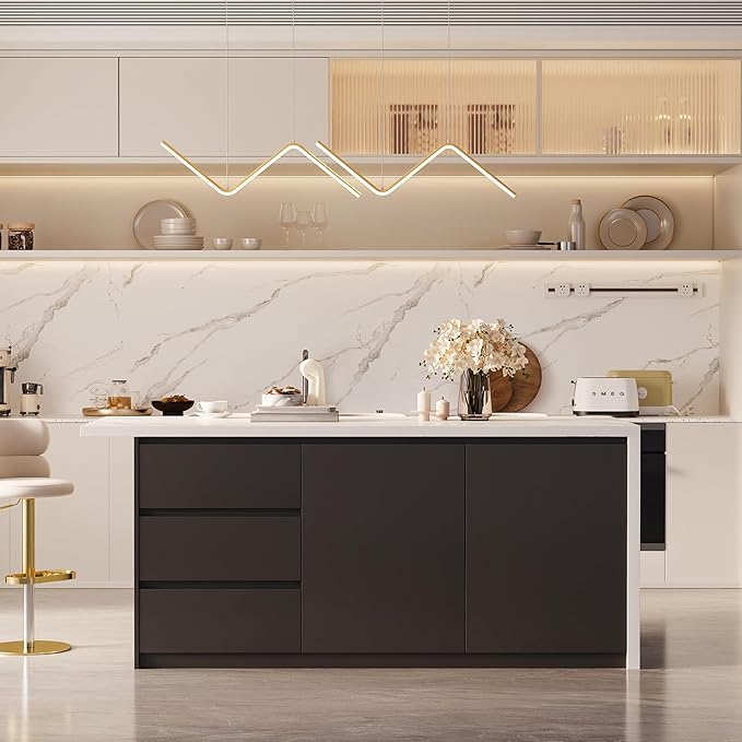 homary Kitchen Island with Storage & Wine Rack, 72" Modern Black Kitchen Cabinet with Wood Top, Large Fixed Island with 3 Drawers & 6 Adjustable Shelves, Without Bar Stools