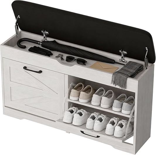 39" Shoe Storage Bench with Padded Seat Cushion & Lift Top Storage Box & 2 Flip Drawers, Small Entryway Shoe Rack Bench with 2 Doors and Adjustable Shelf, Shoes Cabinet for Hallway, Living Room, White