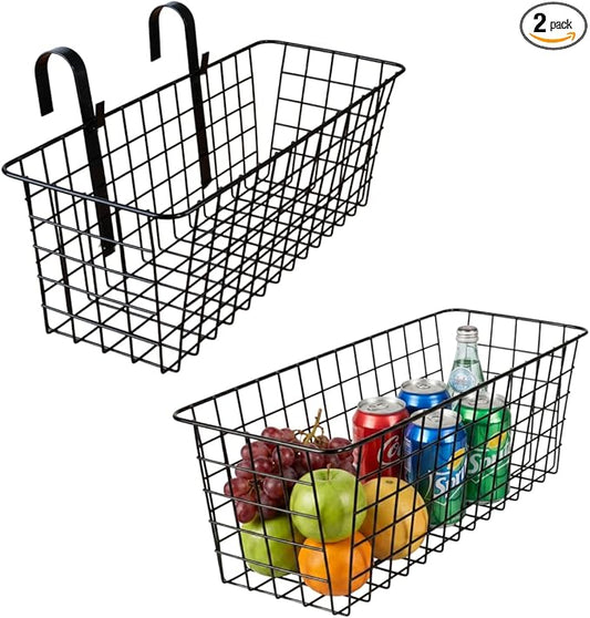 2 Pack Metal Hanging Bedside Basket for Bunk Beds & Collage Dorms - Cabinet Wire Organizer for Storage, Multi-Use Large Organizing Caddy for Bedroom, Office (Black/Large)