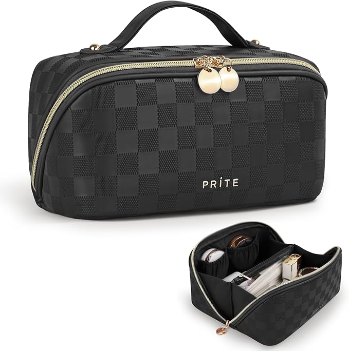Prite Makeup Bag for Women Travel Waterproof Vegan Leather Cosmetic Bag Open Flat Toiletry Bag With Clear Divider and Handle (Plaid Black, Medium)