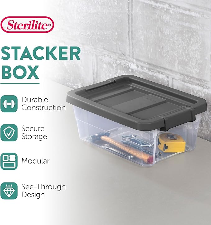 Sterilite 18-Pack Modular Stacker Box, Durable Clear Plastic Storage Bins with Latching Lids, 16 Quart - Stackable Organizing Container Boxes for Closet, Bathroom, and Office
