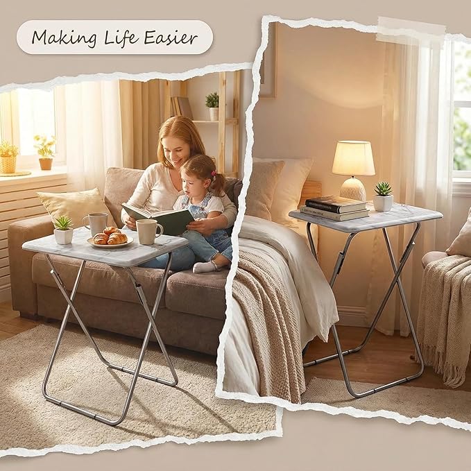 Tv Trays Folding Tv Table, Dinner Table for Eating with Sturdy Metal Frame, Small Foldable Snack Trays Table for Living Room, Couch,Sofa, Bed, No Assembly Required (White Marble 2-Piece Set)