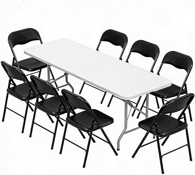 Elevon Folding Table Set with 8 Black Folding Chairs,8 Feet Heavy Duty Fold-in-Half Utility Table Sets for Picnic, Event, Training, Outdoor Activities, at Home and Commercial Use
