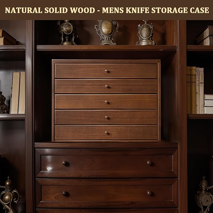 5-Tier Large Knife Display Case & Organizer, Wooden Pocket Knife Storage Box with Transparent Lid, Collector-Grade Holder for Folding Knives and Daggers, Ideal Men‘s Gift