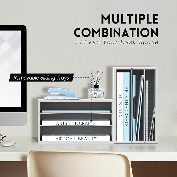 SUPEASY Wood Desk Organizer, 3 Tier Paper File Organizer for Desk, Wooden Desktop Organizer, Paper Letter Literature Mail Sorter, for Office School & Home Organization, White