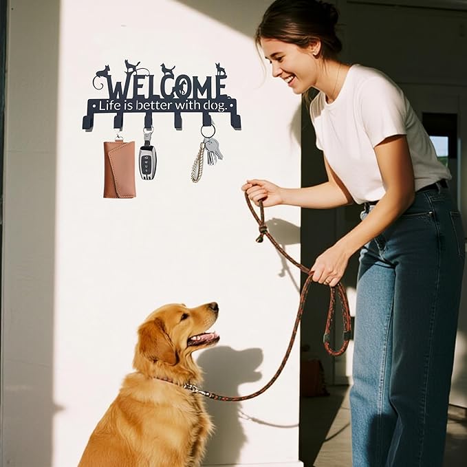 Key Holder Wall Mount with 6 Hooks, Welcome Dogs Key Rack Organizer for Entryway, Kitchen, Office - Rustproof, Waterproof - Easy Installation,Gift for New Homeowners - 9.8inch/25cm