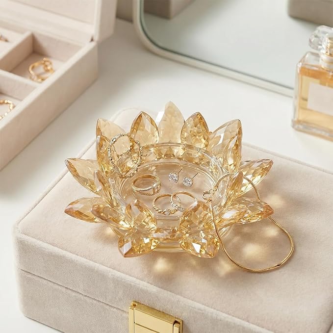 Crystal Flower Jewelry Tray, Luxury Transparent Decorative Trinket Dish for Rings, Earrings, Necklaces, Keys for Vanity Dresser Nightstand, Elegant Gift for Women Mother's Day (1, 6.3"(W)- Gold)