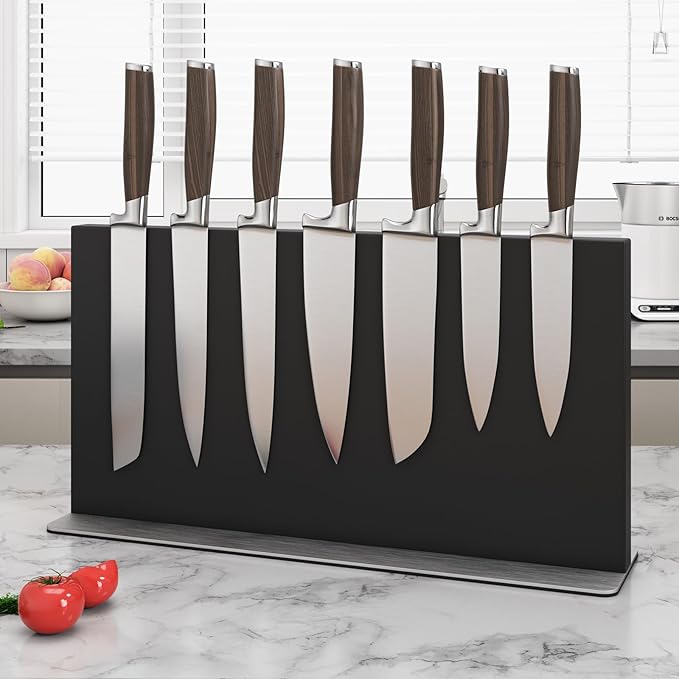 THMINS Large Black Magnetic Knife Block Stainless Steel Double-Sided Magnetic Knife Holder, Universal Multi-function Display Rack for Kitchen Counter