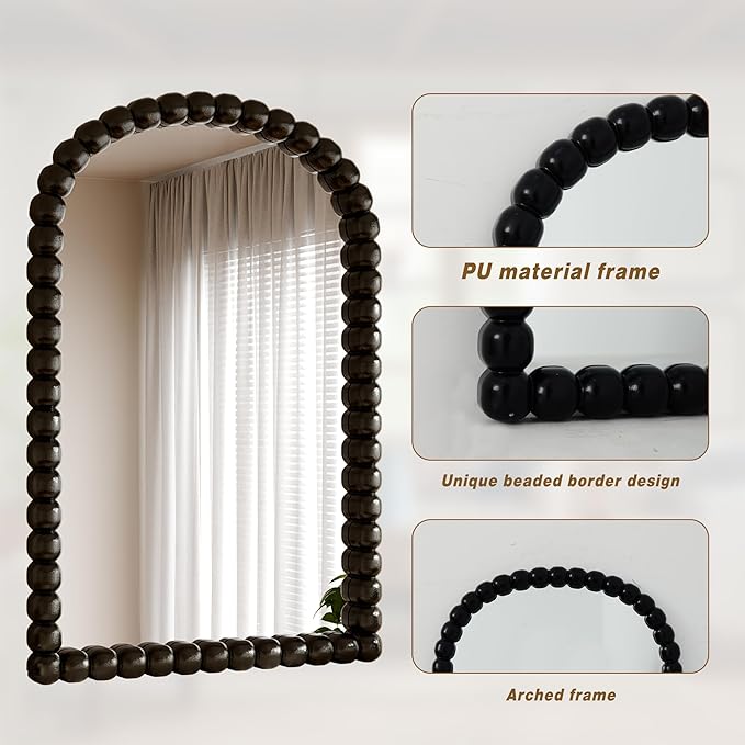 22"×30" Black Arched Bathroom Vanity Mirror, Vintage Beaded Decorative Wall Mounted Makeup Mirror, as Wall Decor Hanging Leaning for Fireplace Mantle, Living Room, Bedroom, Vanity Area