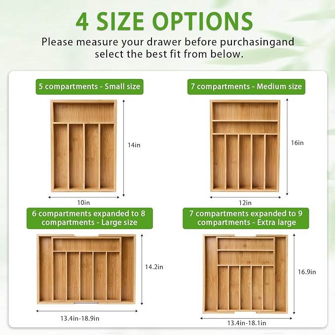 Bamboo Expandable Silverware Drawer Organizer, Adjustable Utensil Tray Cutlery Holder for Kitchen Drawer, Flatware Storage Organizer for Spoons, Forks and Knives, Natural 8 Slot