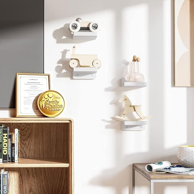 SRIWATANA Small Floating Shelves Wall Mounted, Wood Shelf for Decoration and Storage Set of 4, Mini Display Shelf for Bedroom, Bathroom, Kitchen, Office (White, 4 inch)