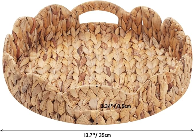 Yangqihome Round Scalloped Serving Tray, 14 inch Decorative Water Hyacinth Scalloped Basket with Built-in Handles, Round Ottoman Trays for Coffee Table for Kitchen and Living Room