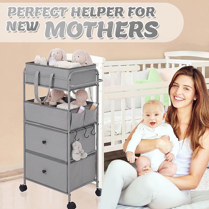 FoldTier 3In1 Baby Diaper Caddy Organizer Cart 4 Tier Large Capacity Metal Utility Bedside Rolling Cart with Divider Newborn Registry Nursery Essential Must Have Bedroom Gift Baby Shower(Gray)