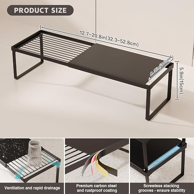 Magheo Expandable Cabinet Shelf Organizer, 2 Pack Stackable Kitchen Counter Shelf Riser, Metal Spice Rack Heavy Duty Countertop Organizer Storage for Kitchen, Pantry, Cupboard, Rv (5.9in Height,Black)
