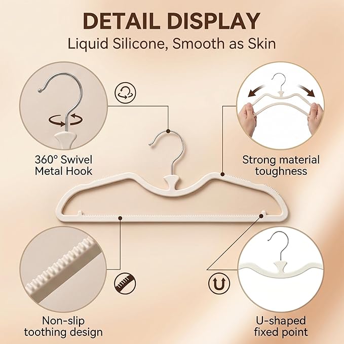 20 Pack Short Neck Hangers - Lifts Clothes 3" Higher to Prevent Dragging, Upgraded Liquid Silicone Non-Slip Hangers, Lint-Free Alternative to Velvet Hangers, Closet Organization, Cream