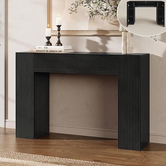 43" Fluted Mid Century Modern Narrow Console Table with Storage, Farmhouse Skinny Entryway Table, Small Entry Table & Storage Cabinet, Sofa Table Behind Couch for Living Room, Hallway, Entrance, Black