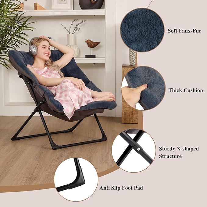 Comfy Saucer Chair for Adults, Soft Faux Fur Bedroom Chair, Accent Dorm Chairs, Flexible Living Room Reading Chairs, Oversized Folding Seat for Teens, X-Large, Navy Blue