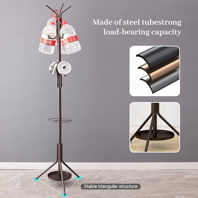 Kitsanery Coat Rack Freestanding,Metal Coat Tree with Umbrella Holder,Hat and Coat Rack Stand for Entryway, Hallway, Living Room, Bedroom (Brown)