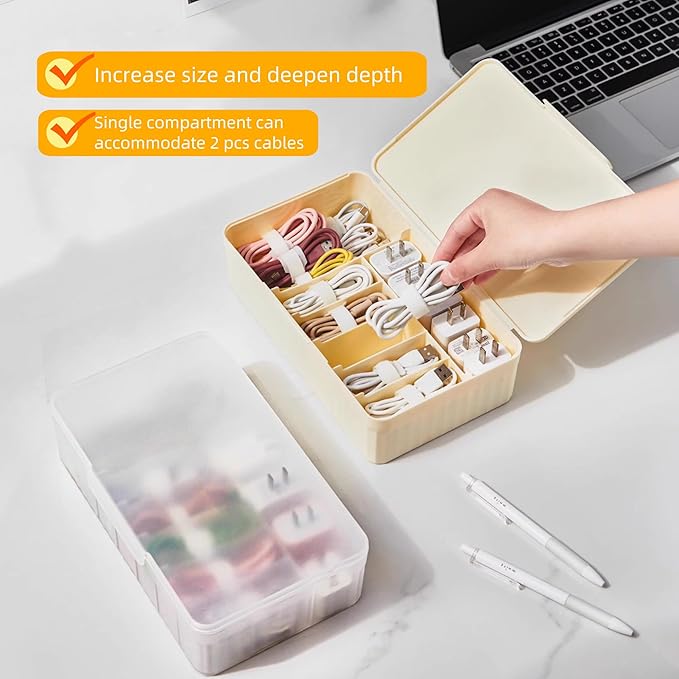 Cable Organizer Box Extra Wide, Travel Charger Cord Earphone Storage Case with Lid (Translucent White)