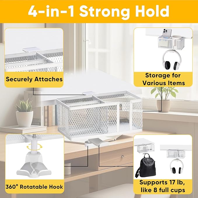 4 in 1 Metal Clip On Cup Holder Attachment for Gaming Desk or Table, Fits up to 40oz Cups, Sturdy and Easy to Clamp, Attachable Anti-Spill Cup Holder for Chair, Bedside, Bottles, Drinks - White