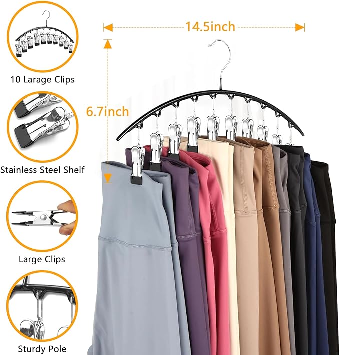Legging Hangers for Closet Organizer, Hat Hangers for Closet 2 Pack with 10 Clips Holds 20 Leggings, Legging Hanger, Pants Storage Organizer Suitable for Socks, Panties, Underwear, Pants (4-White)