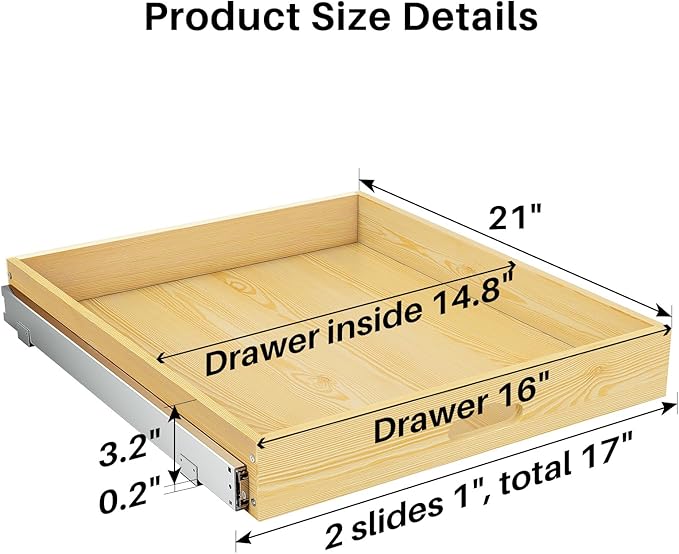 Pull Out Cabinet Organizer, Soft Close Wooden Slide Out Drawers for Pots and Pans, Full-extension Roll Out Shelves for Kitchen Cabinets, Pantry Organization, Bottom & Side Mount(17"W X 21"D x 3.4''H)