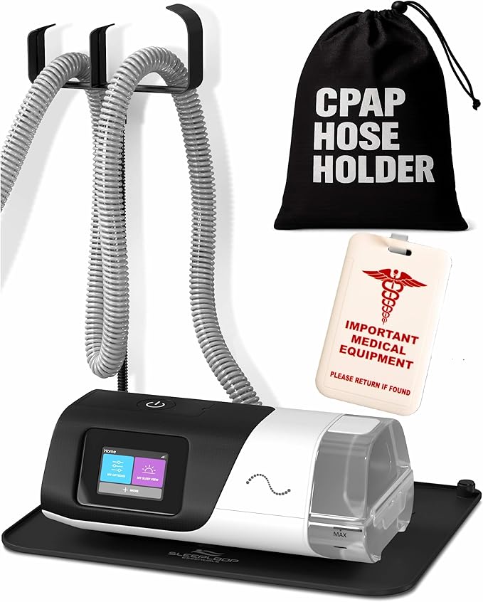 CPAP Hose Holder & Bedside Organizer with T-Style Hook, Luggage ID Tag & Dust Cover – Nightstand CPAP Mask Hanger Stand for Tubing, Mat & Supplies – T-Hook + Luggage Tag