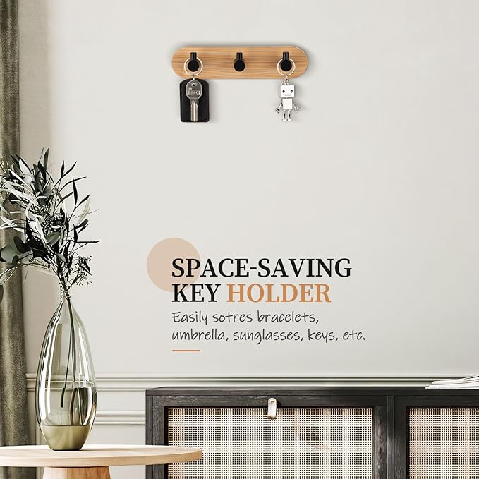 Nekon Bamboo Key Holder for Wall, Wall Mount Key Organizer with 3 Hooks, Decorative Coat Rack for Entryway, Kitchen, Bedroom, Bathroom (Black Hooks)