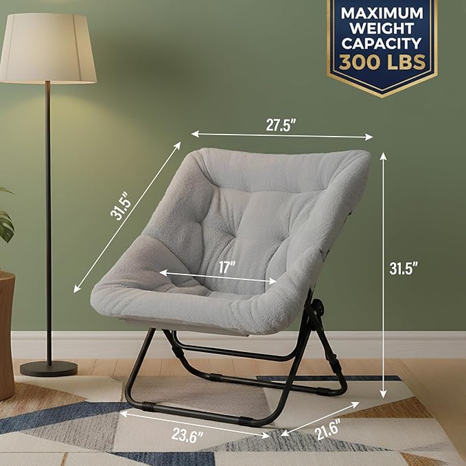 Tiita Comfy Saucer Chair, Soft Faux Fur Oversized Folding Accent Chair, Lazy Chair for Teens Adults, Metal Frame Moon Chair for Bedroom, Living Room, Dorm Rooms, X-Large, Grey