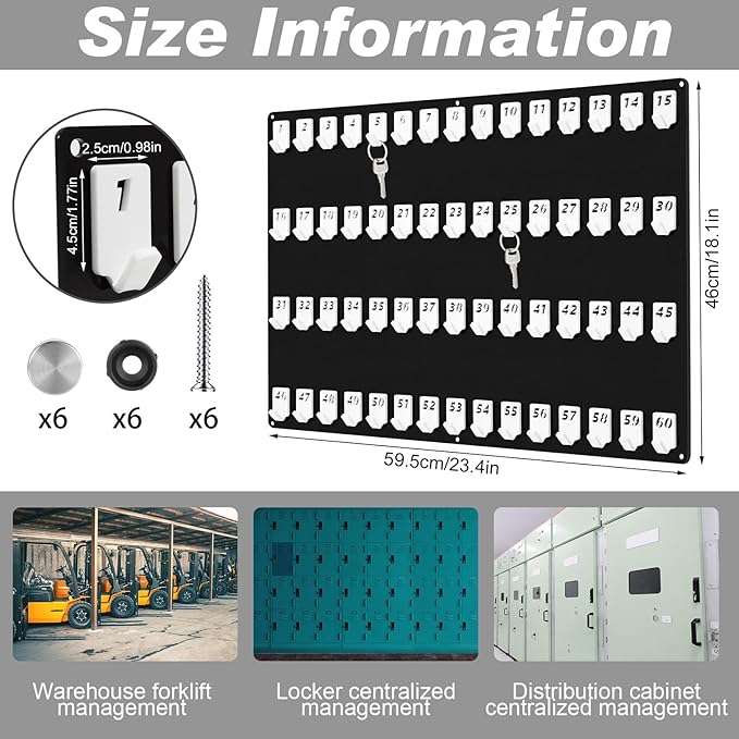 Beeveer Acrylic Key Board with 60 No. Hooks Wall Mount Key Rack Holder Hanger Storage for Real Estate Offices Rentals Car Dealer Valet Parking Small Businesses (Black)