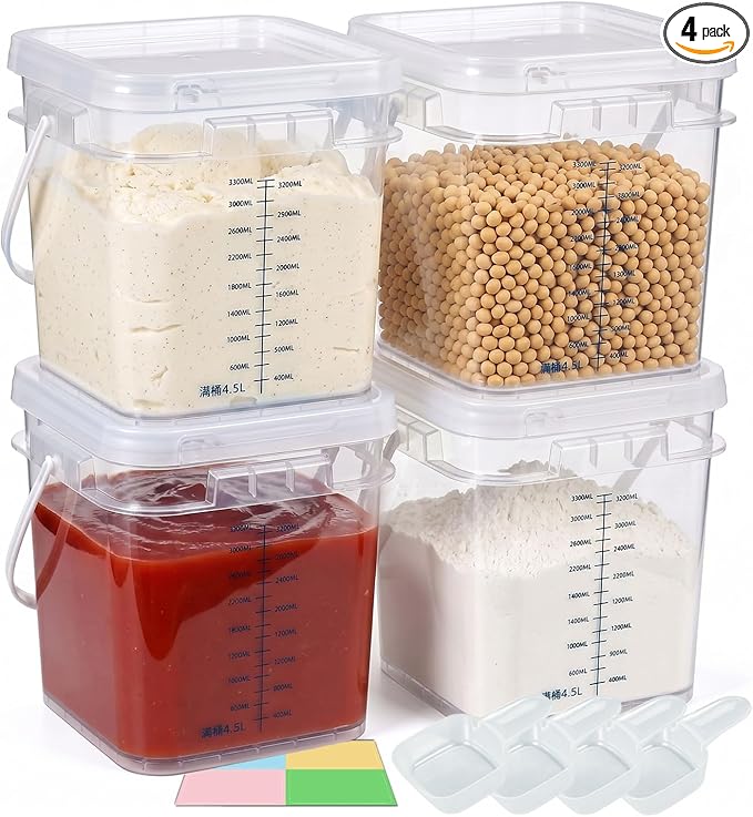 DEMORA 1Gallon Food Grade Square Plastic Bucket with Lid, Clear Airtight Storage Container, Reusable Pail for Kitchen Food Water Ice Cream Household Use (Transparent, 4Pcs)