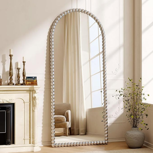28"x71" Silver Arched Full Length Mirror, Vintage Beaded Decorative Floor Full Body Dressing Mirror as Room Decor Hanging Leaning Standing for Living Room, Bedroom, Vanity Area