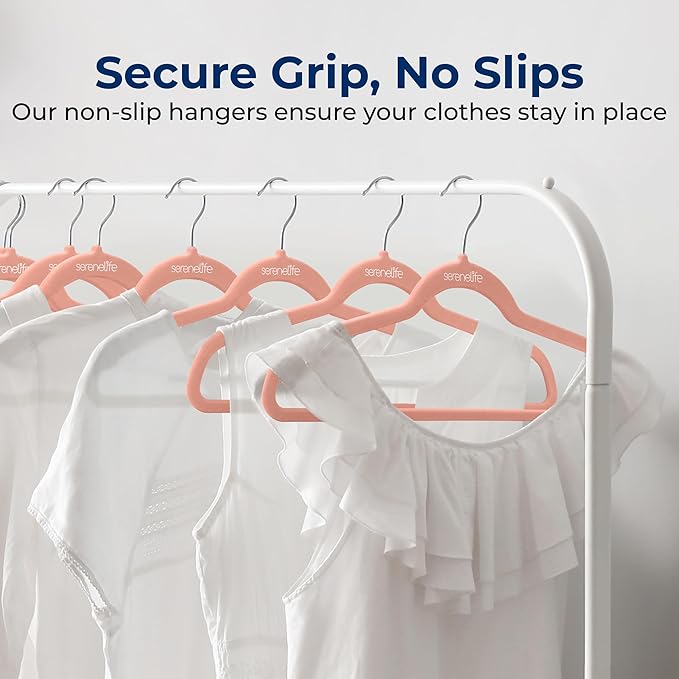 SereneLife 50 Pieces Velvet Hangers - Space Saving Heavy Duty Slim Suit Clothes Hanger Set with 360 Degree Swivel Metal Hook, Can Hold Up to 10 Lbs. for Coats, Jackets, Pants & Dress (Pink)
