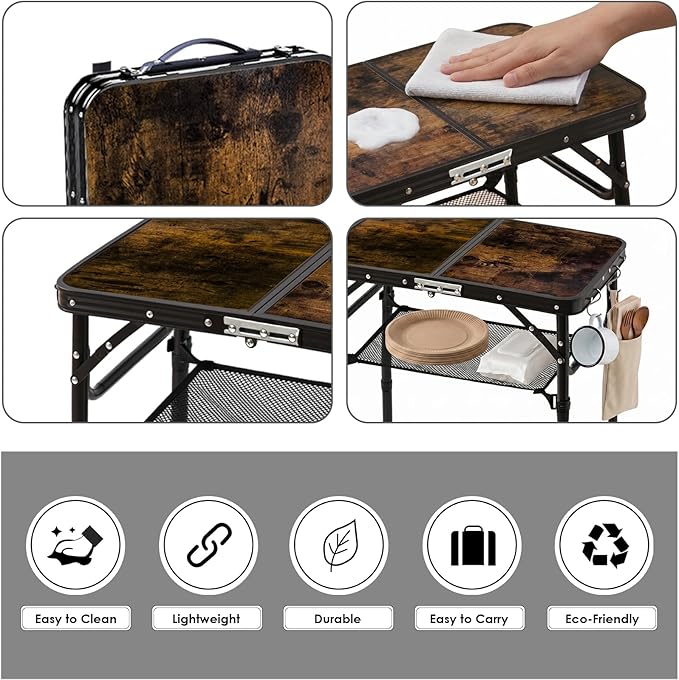 Folding Picnic Table 2ft Portable Camping Table Adjustable Heights Metal Aluminum Lightweight Foldable Small Card Table with Carry Handle for Indoor Outdoor Camp RV BBQ Beach