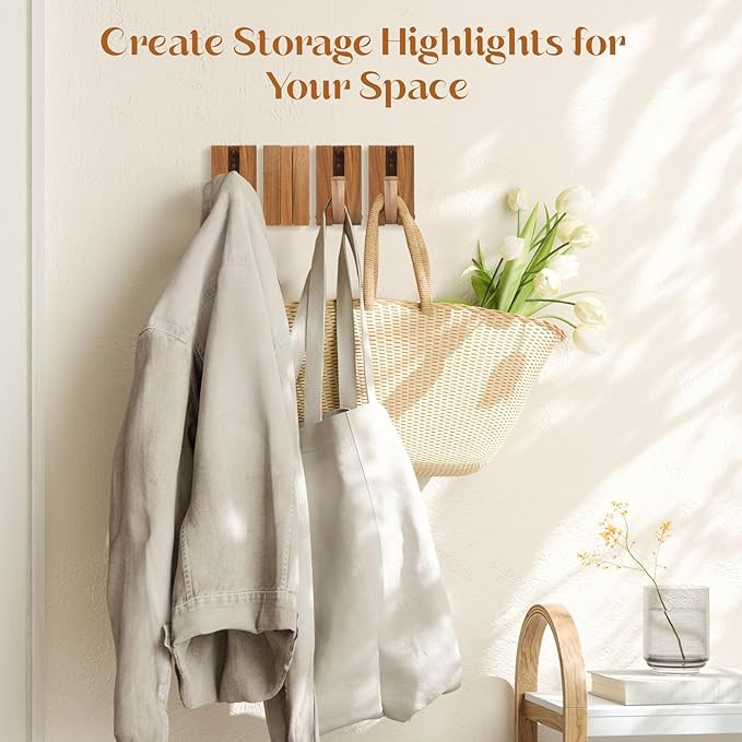 Stylish Wall-Mounted Coat Hat Hooks & Key Holder – Rustic Solid Wood, Space-Saving Retractable Design for Entryway & Bathroom - Heavy Duty 2-Pack Foldable Hooks for Towels, Bags & More