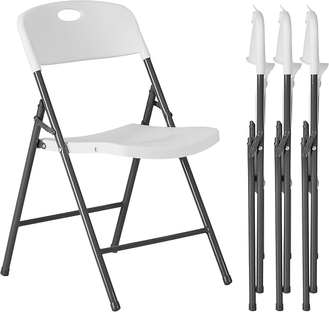 Simple Deluxe 4 Pack Folding Chairs Heavy Duty with Ergonomic Back - Plastic Stackable Portable Dining Chairs Set, for Home and Office, Conference, Wedding, Patio, Garden, for Indoor Outdoor, White