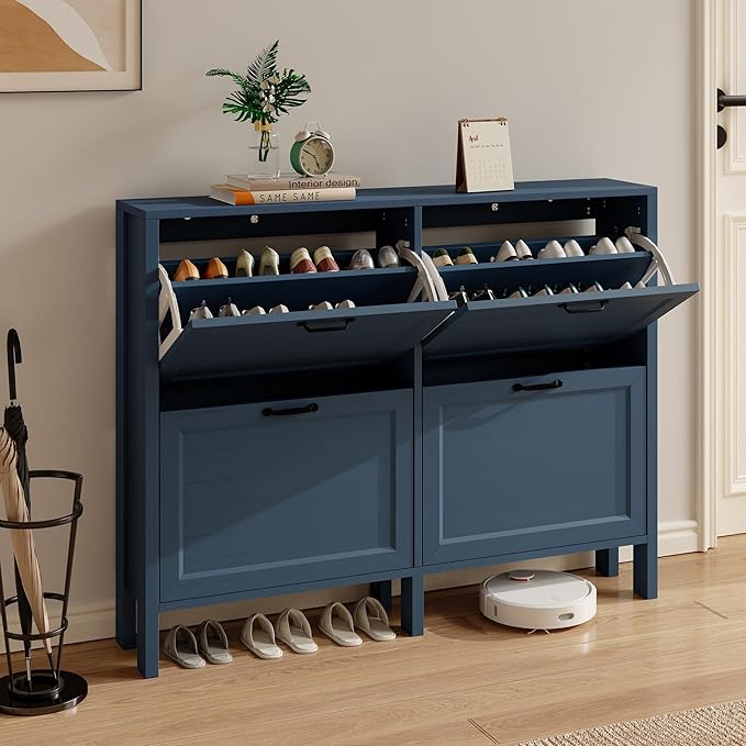 LOUVIXA Shoe Cabinet with 2 Flip Drawers, Narrow Shoe Storage Cabinet, Freestanding Shoe Cabinet Organizer, Hidden Shoe Rack Cabinet for Entryway, Hallway (4-Drawers, Blue)
