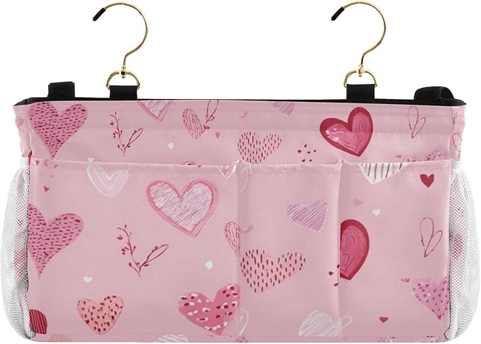 Bedside Caddy Hanging Bunk Bed Caddy Bed Organizer Hanging Pocket with 2 Hooks Bedside Storage Organizer Pocket Bag Holder Heart Pink