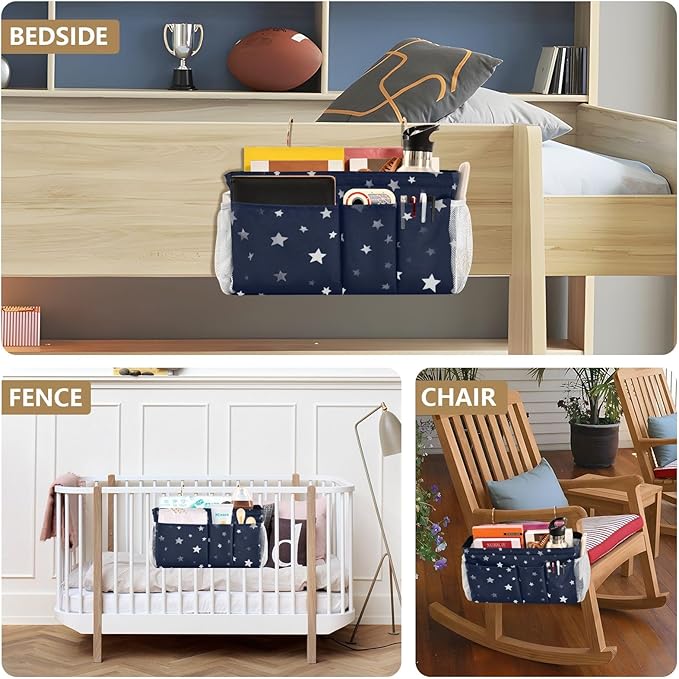 Bedside Caddy Hanging Bunk Bed Caddy Bed Organizer Hanging Pocket with 2 Hooks Bedside Storage Organizer Pocket Bag Holder Stars Dark Blue